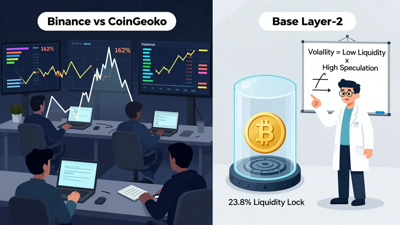 Vergleichsillustration: Chaotische Kursbewegungen links, gesperrte Liquidität rechts auf der Base-Blockchain.