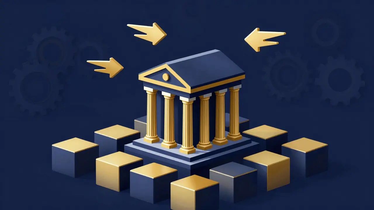 Bankgebäude auf digitalen Blöcken mit Symbolen für sofortige Transaktionsfinalität