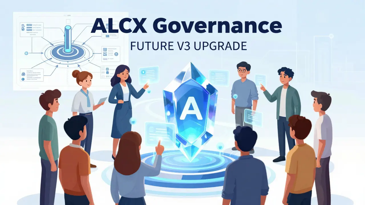Cartoon-Illustration der ALCX Governance und des zukünftigen v3-Upgrades mit Hologrammen.