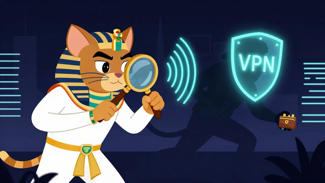 Cartoon-Illustration einer Verfolgungsjagd zwischen Behörden und VPN-Nutzern in Ägypten.