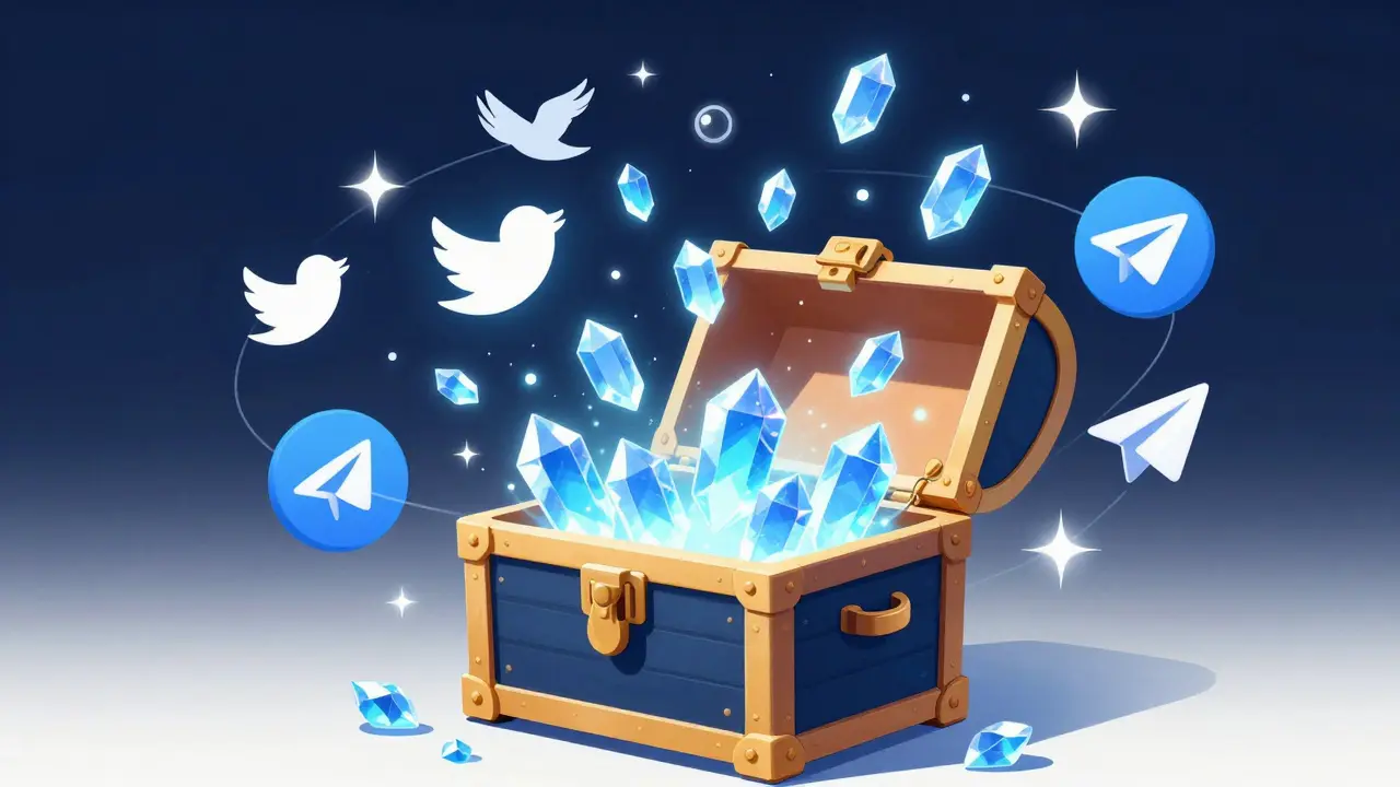 Cartoon-Illustration eines digitalen Token-Airdrops mit Symbolen für soziale Medien.