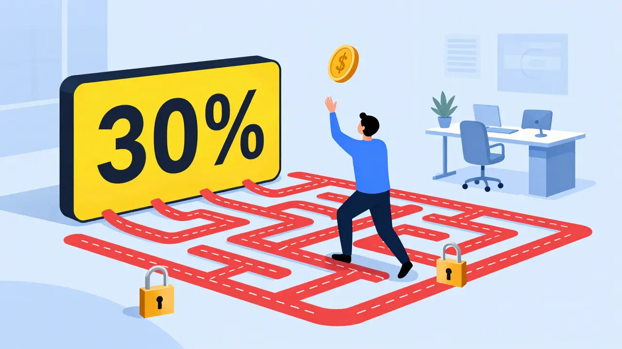 Cartoon-Illustration eines Hindernisparcours mit Steuerbarrieren und Bankschlössern.