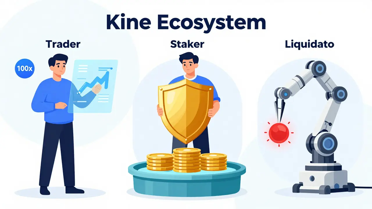 Darstellung von Tradern, Stakern und Liquidatoren im Kine-Ökosystem.
