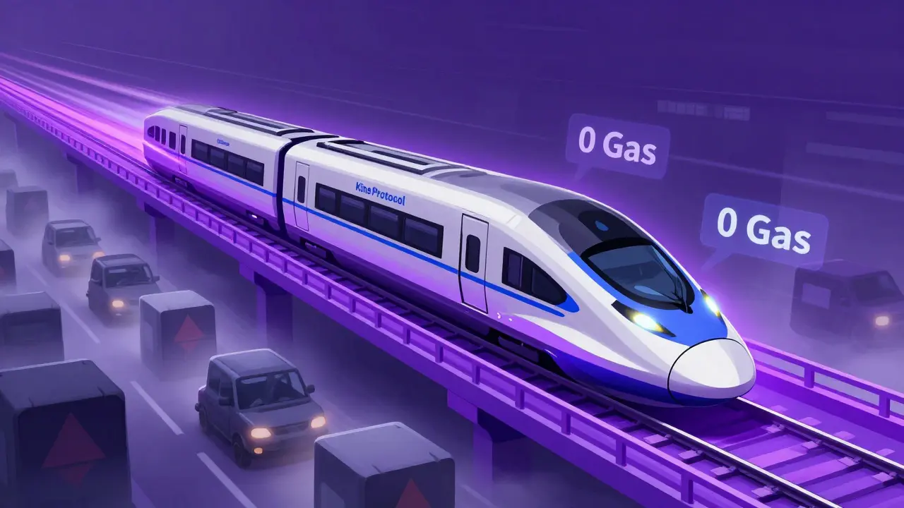 Ein futuristischer Zug auf einer Polygon-Brücke, die Gas-Gebühren umgeht.