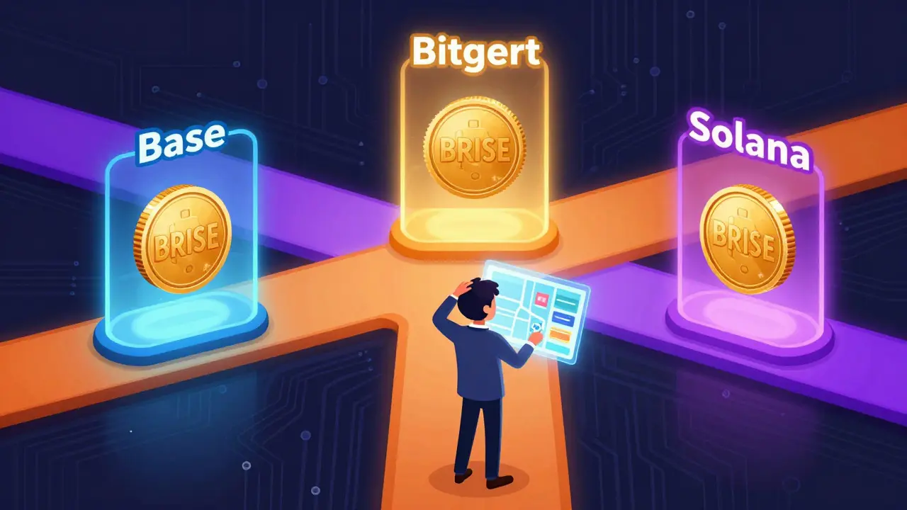 Ein Investor an einer Kreuzung zwischen verschiedenen BRISE-Token auf Base, Bitgert und Solana.