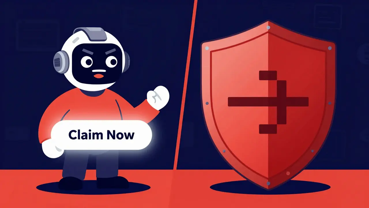 Ein rotes Schutzschild, das eine digitale Seed Phrase vor einem Betrüger schützt.