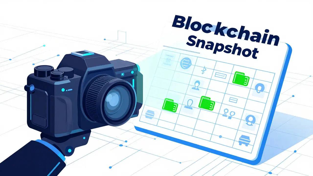Eine futuristische Kamera macht einen Snapshot einer Blockchain-Datenstruktur.