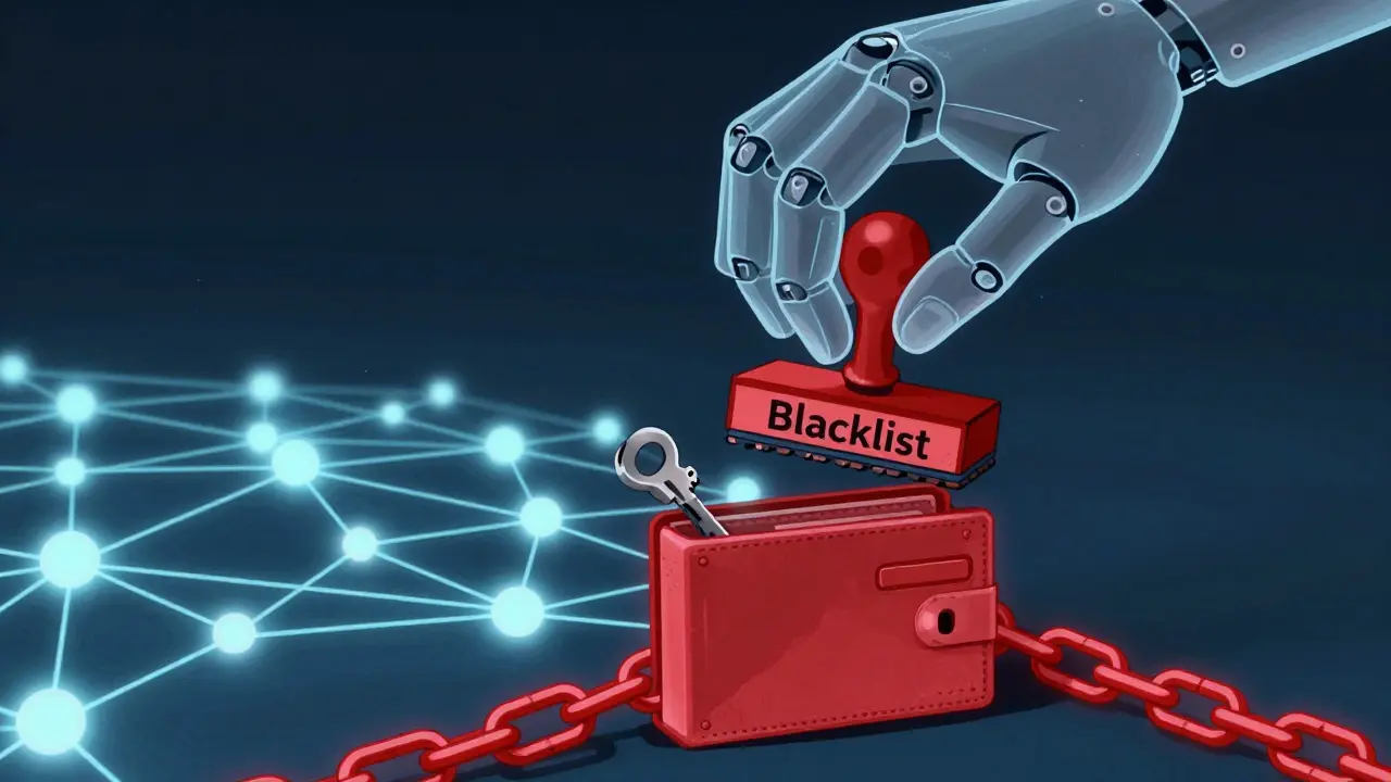 Eine mechanische Hand, die Kontrolle über eine Blockchain-Wallet ausübt, symbolisiert zentrale Befugnisse.