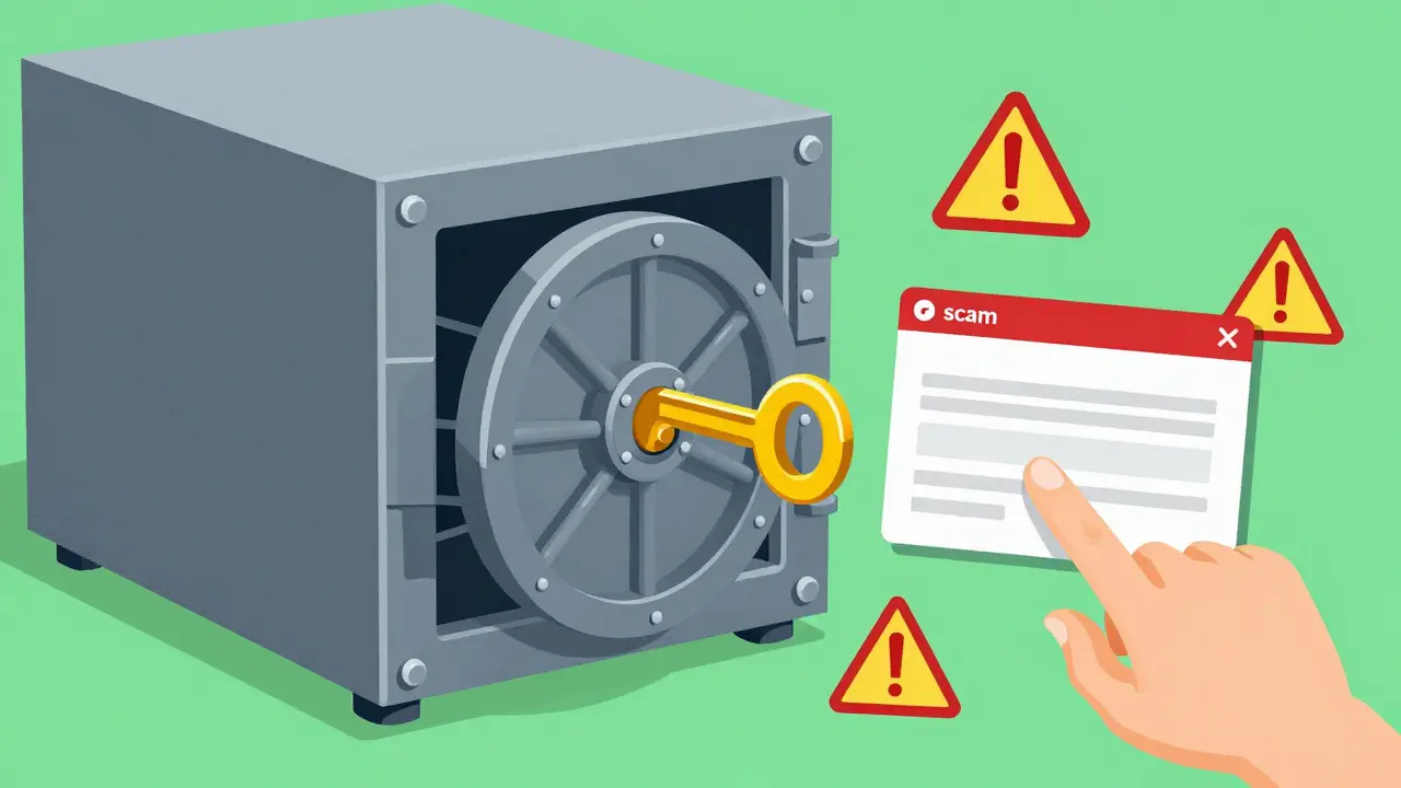 Eine sichere Burner-Wallet neben einem vom Nutzer ignorierten Scam-Popup.