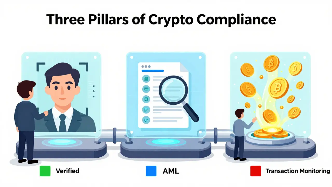 Grafische Darstellung der drei Säulen der Krypto-Compliance: KYC, AML und Transaktionsüberwachung.
