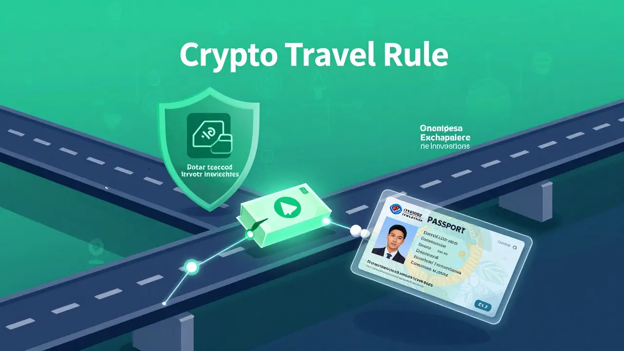 Illustration der Crypto Travel Rule mit Identitätsprüfung und Schutzschild für Anleger.
