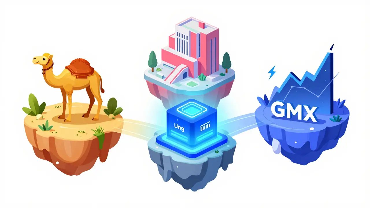 Illustration des Arbitrum-Ökosystems mit den DEX-Plattformen Camelot, Uniswap und GMX.