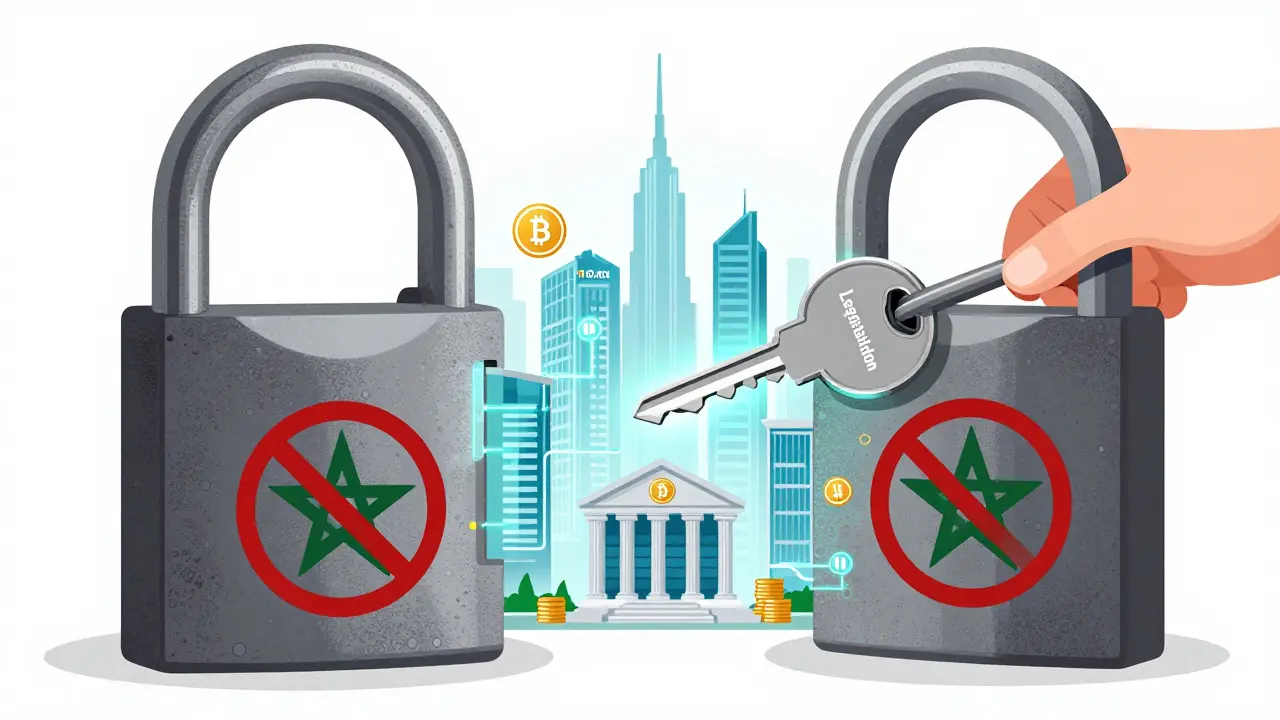 Illustration des Übergangs von einem Krypto-Verbot hin zu einem regulierten Fintech-Hub in Marokko.