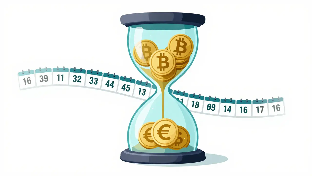 Illustration einer Sanduhr, die die 365-Tage-Haltefrist für Kryptowährungen zeigt.