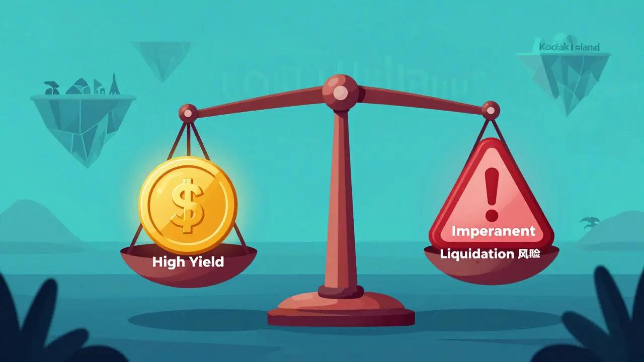 Illustration einer Waage, die Gewinne gegen Risiken wie Impermanent Loss abwägt.