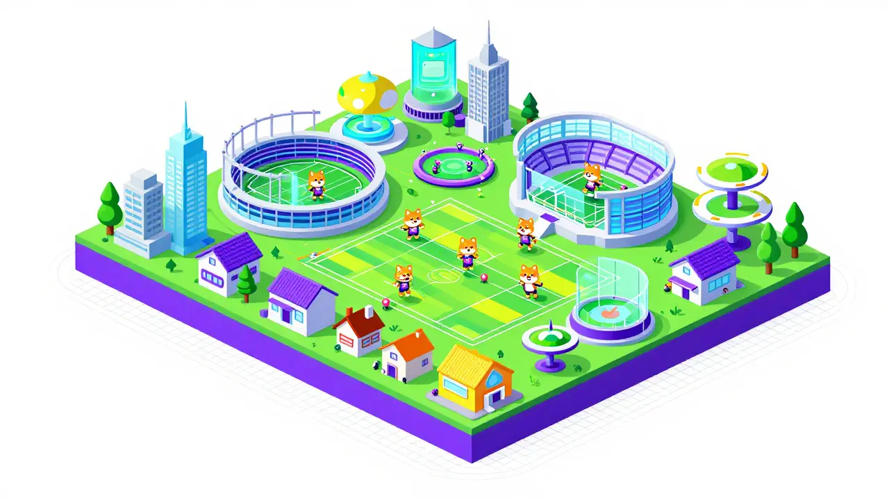 Isometrische technische Illustration einer Sportstadt im Shiba Metaverse mit Stadien und Shiba Inus.