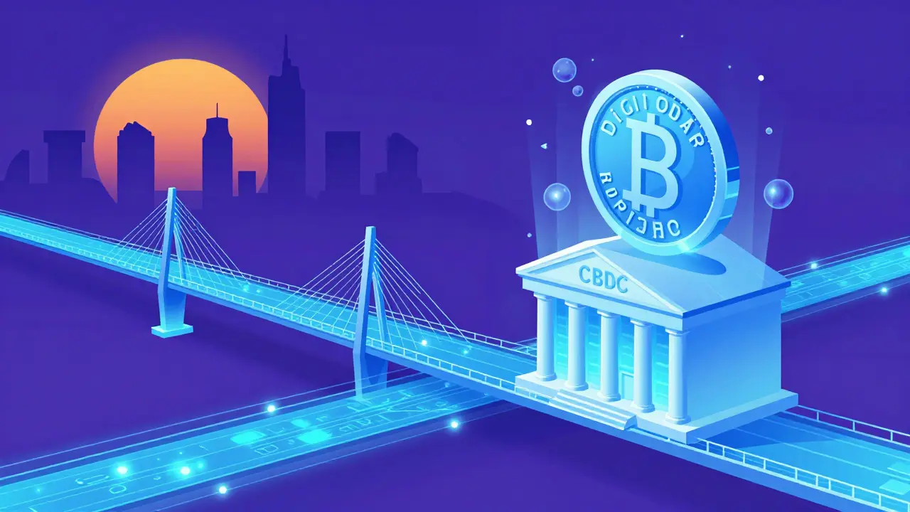 Konzeptuelle Darstellung einer digitalen Brücke zwischen traditionellem Rupiah und dem Digital Rupiah CBDC.