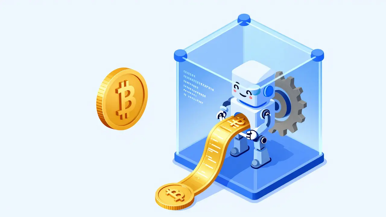 Schematische Darstellung eines Smart Contracts, der Zahlungen zwischen Verkäufer und Künstler aufteilt.