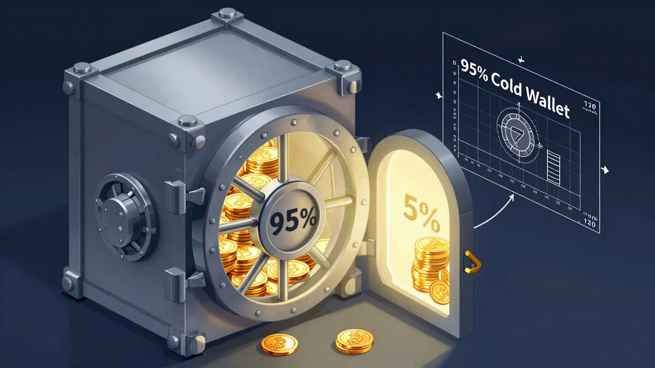 Technische Darstellung der 95%-Cold-Wallet-Regel mit einem Tresor und einem Portal.