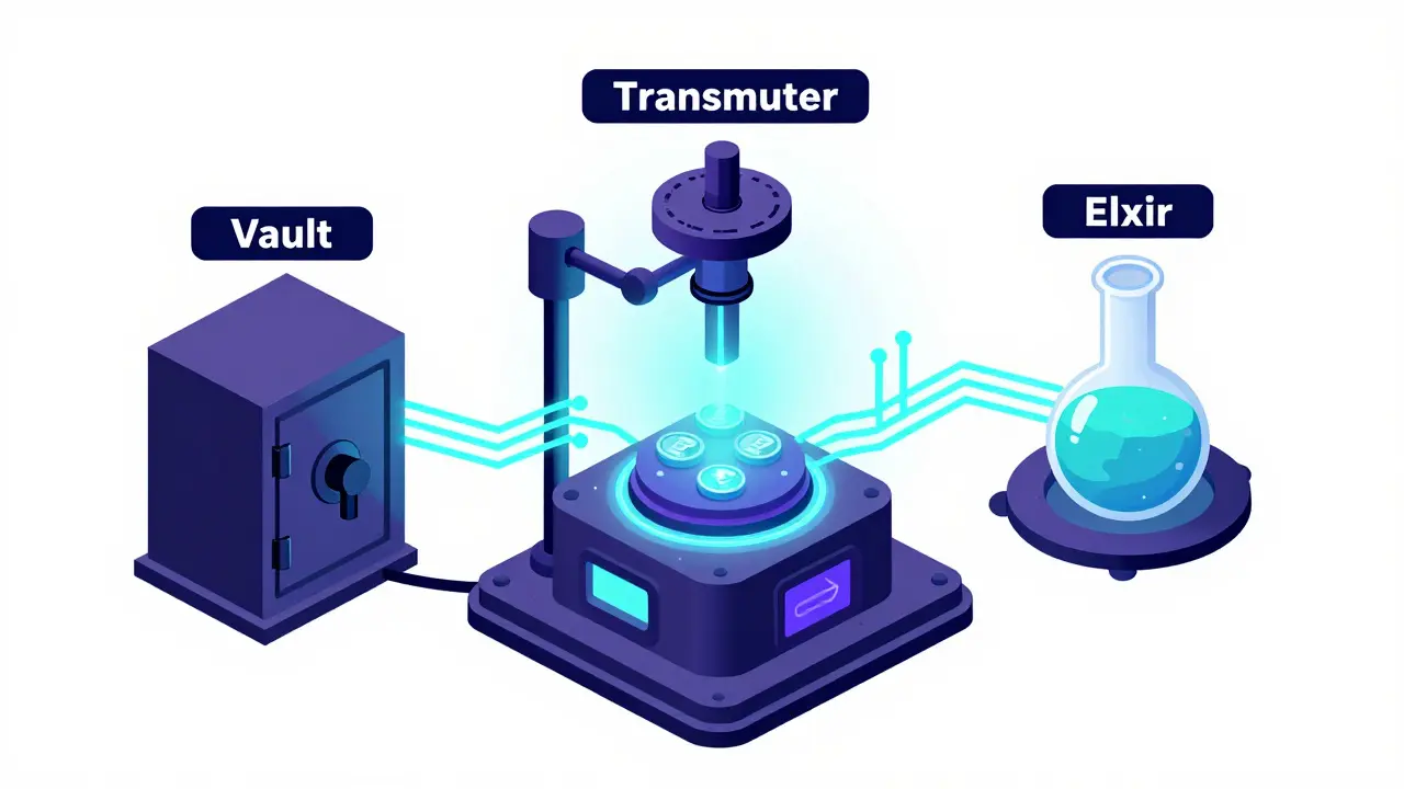 Technische Darstellung der Alchemix Architektur mit Vault, Transmuter und Elixier Modulen.