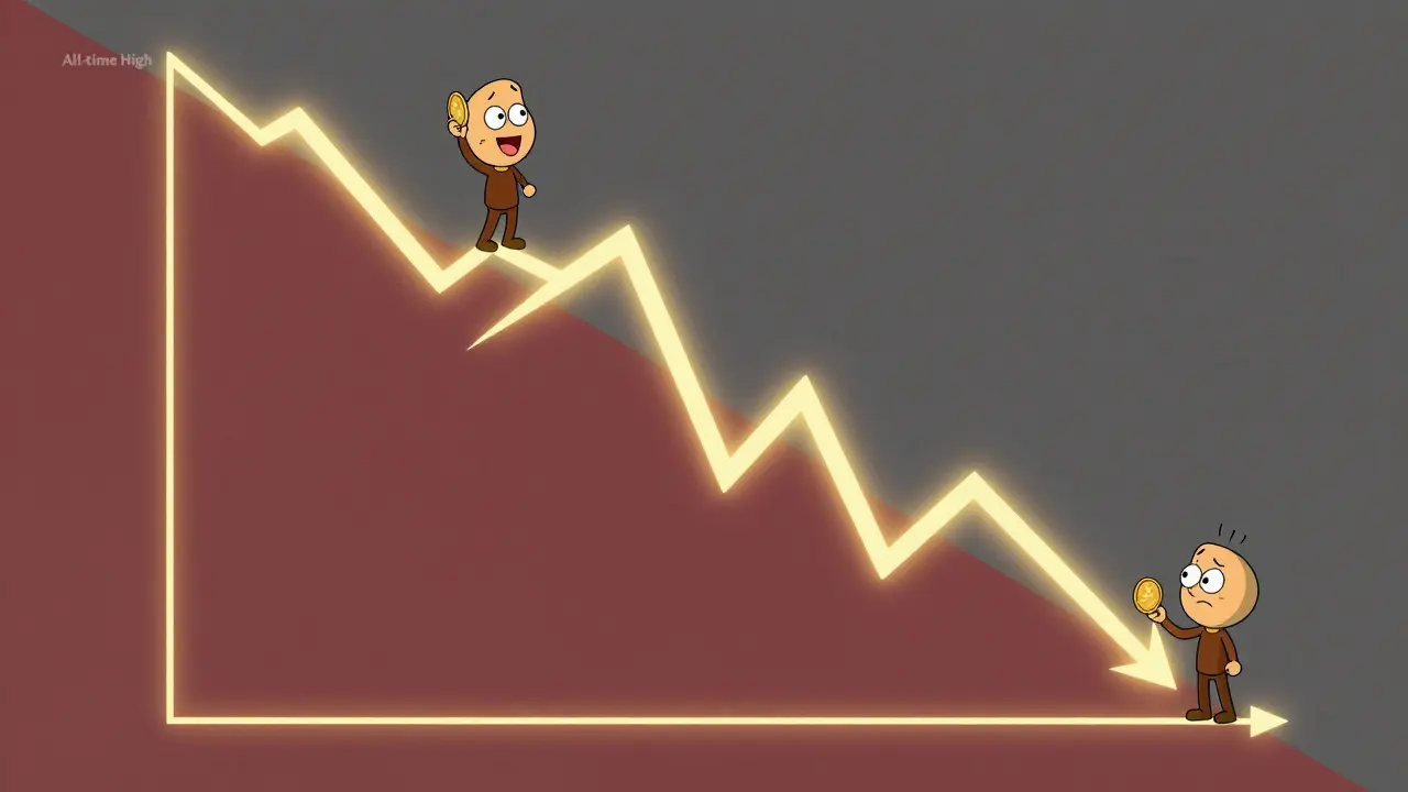 Technische Grafik, die den dramatischen Preissturz eines Krypto-Tokens zeigt.