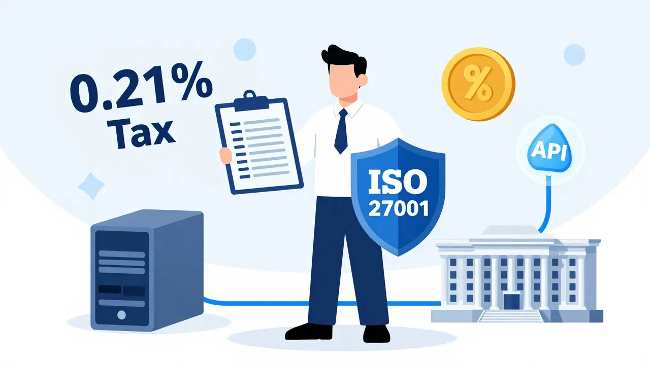 Technische Illustration der OJK-Regulierung mit Fokus auf Steuern und Sicherheitsstandards.