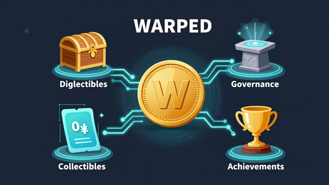 Technische Illustration der vier Hauptnutzen des WARPED-Tokens im Spieluniversum.