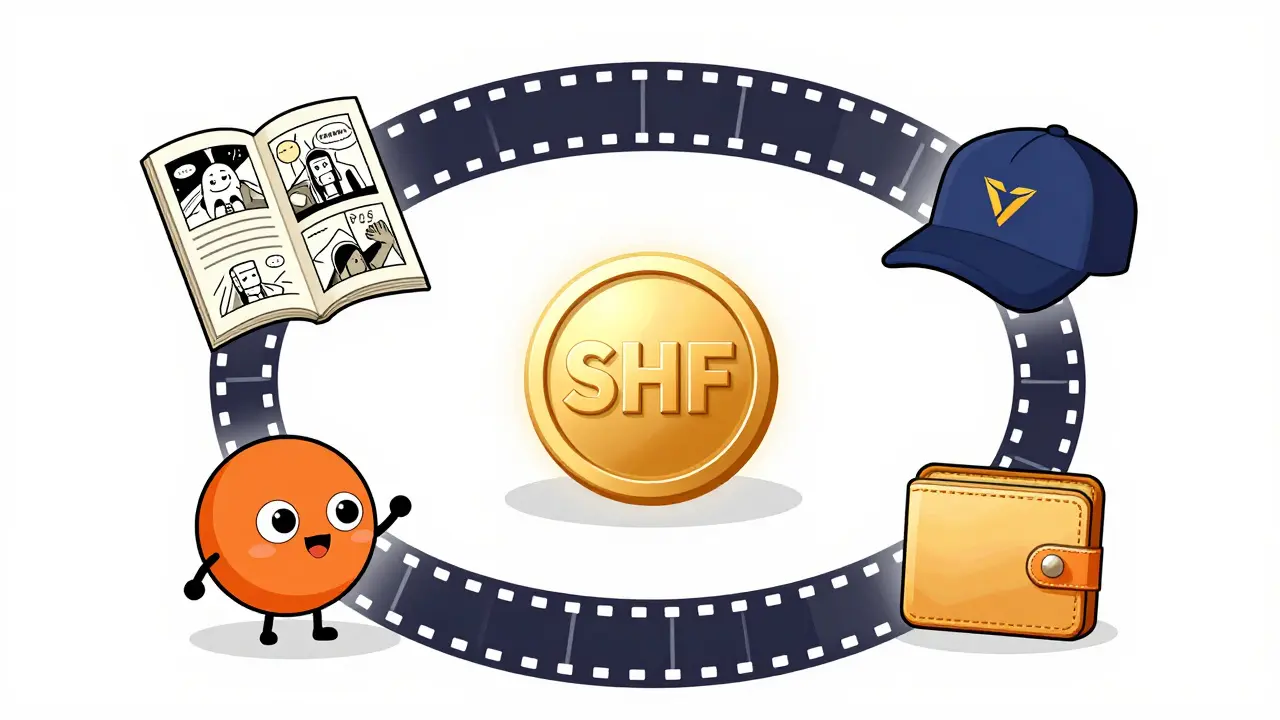 Technische Illustration des SHIBAFRIEND-Ökosystems mit Token, Comics, Filmen und einer Wallet.