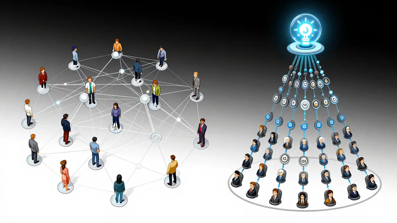 Technische Illustration, die dezentrale P2P-Netzwerke einer zentralen staatlichen digitalen Währung gegenüberstellt.