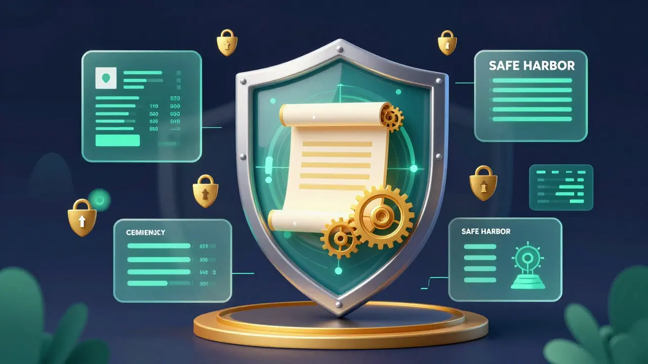 Technische Illustration eines Schutzschildes, der einen Smart Contract vor Sicherheitsrisiken bewacht.