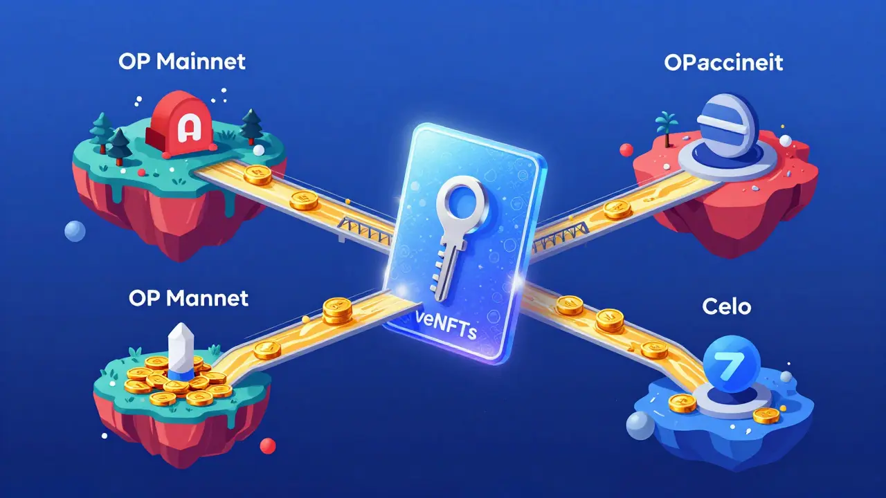 Technische Illustration von veNFTs als Brücke zwischen verschiedenen Blockchain-Netzwerken.