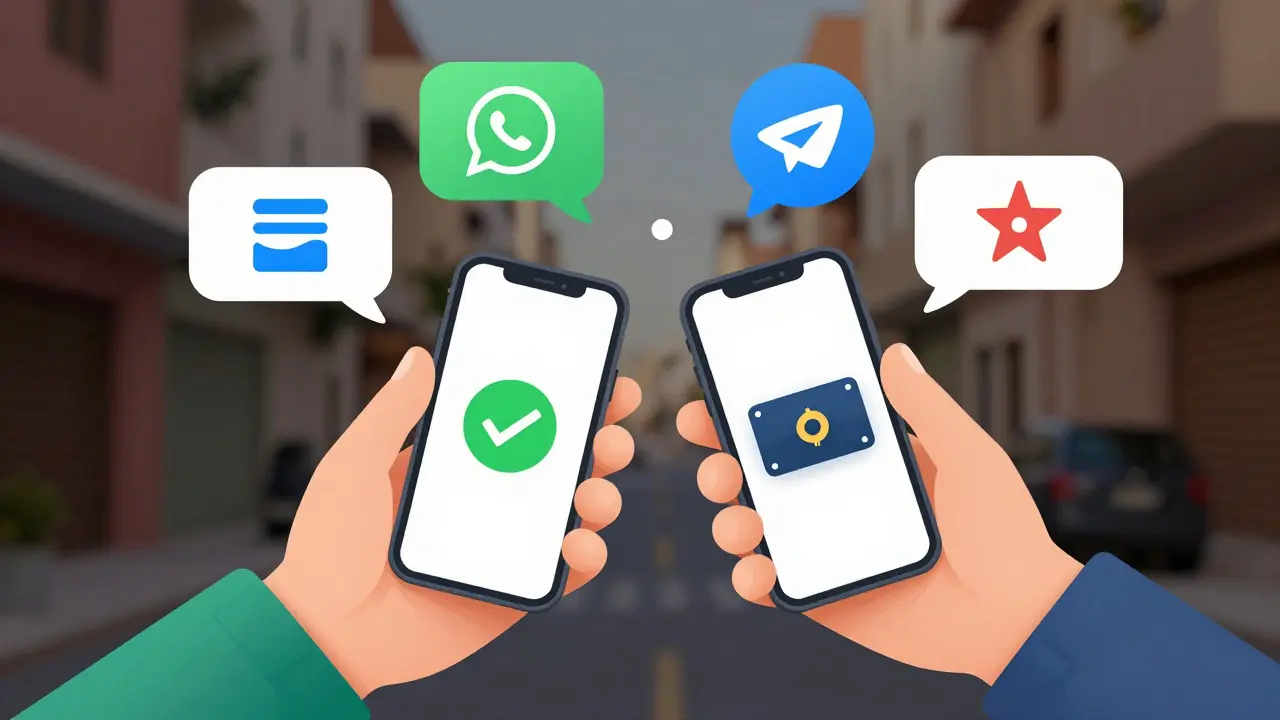 Technische Zeichnung eines geheimen P2P-Krypto-Handels via Smartphone und Messenger-Apps.