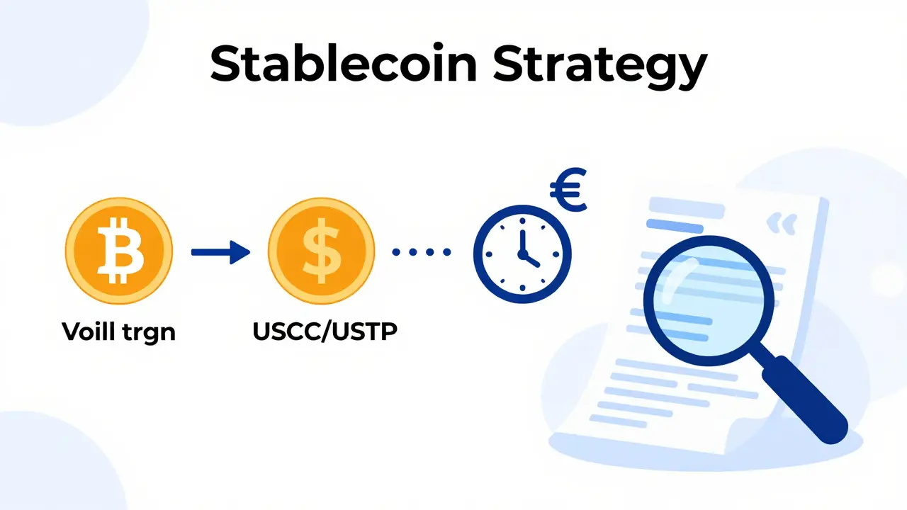 Technisches Diagramm zur Strategie des Wechsels in Stablecoins zur Steueroptimierung.