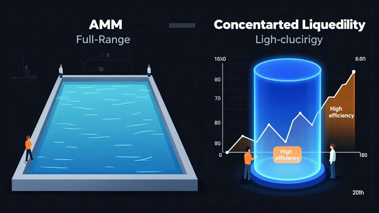 Vergleich zwischen Full-Range AMM und konzentrierter Liquidität als technische Grafik.
