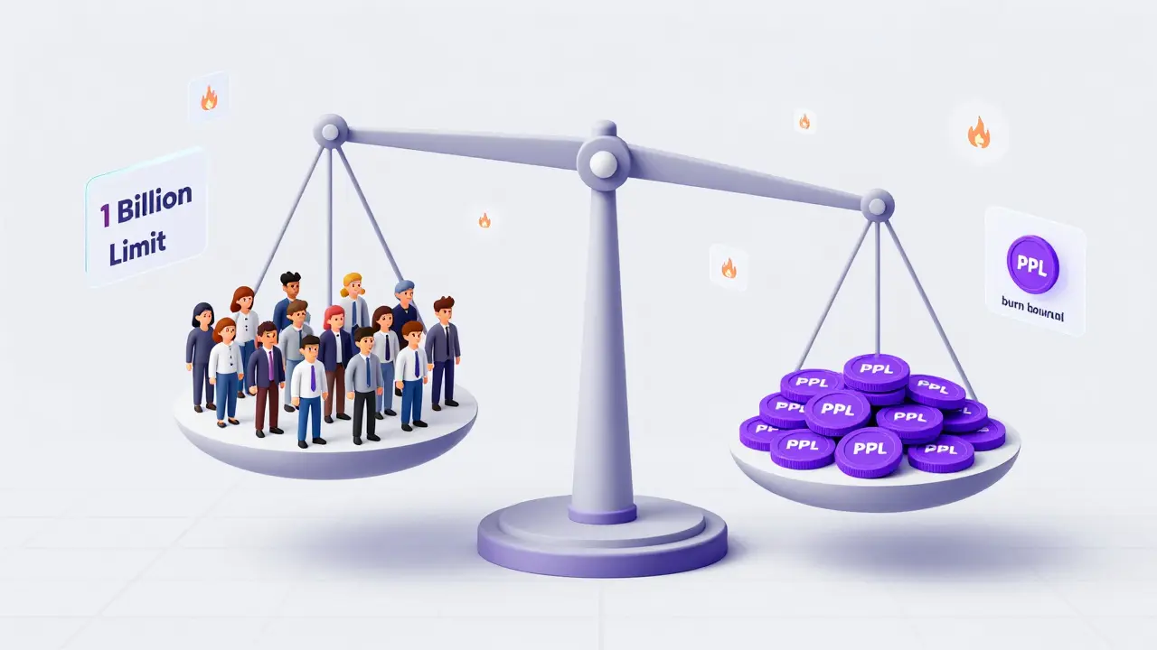 Waage mit einer Community und PPL-Coins, ergänzt durch ein Verbrennungssymbol.