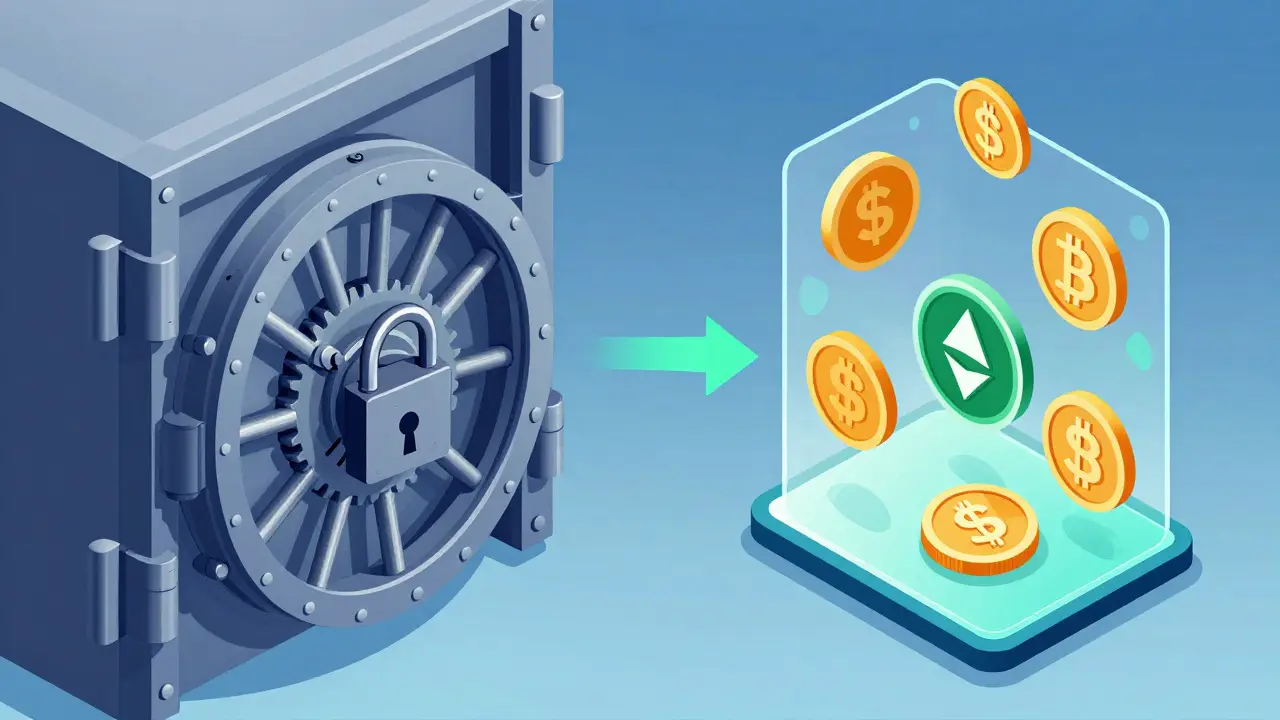 Diagramm: Vergleich traditionelle Bank vs. Krypto-Wallet mit Stablecoins