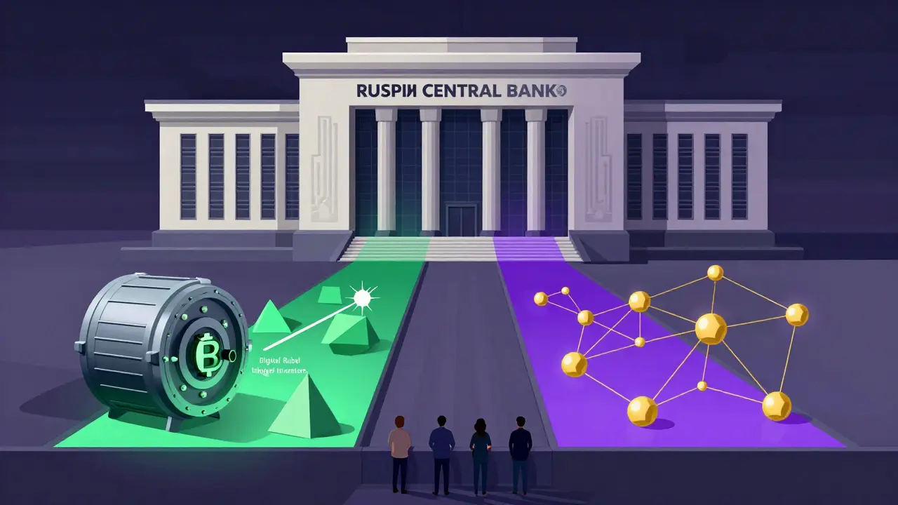 Illustration der Zentralbankstrategie mit Digitalem Rubel und externem Krypto