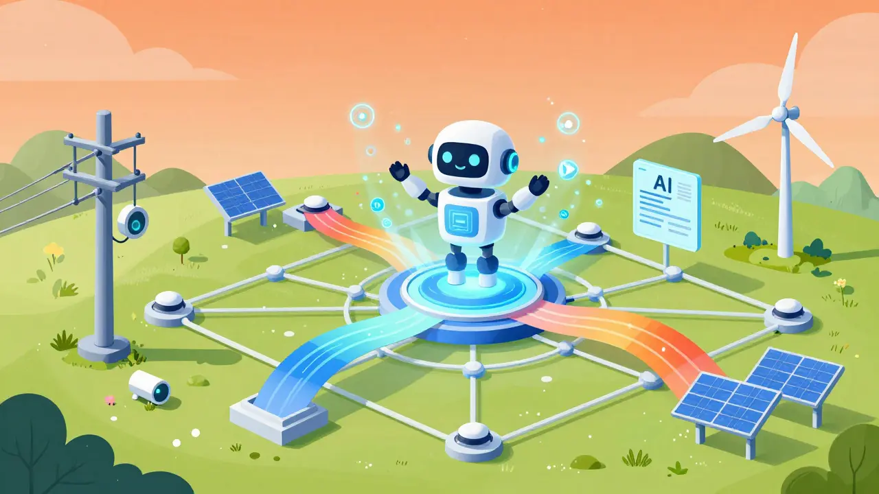 Illustration von KI und Blockchain im intelligenten Stromnetz der Zukunft