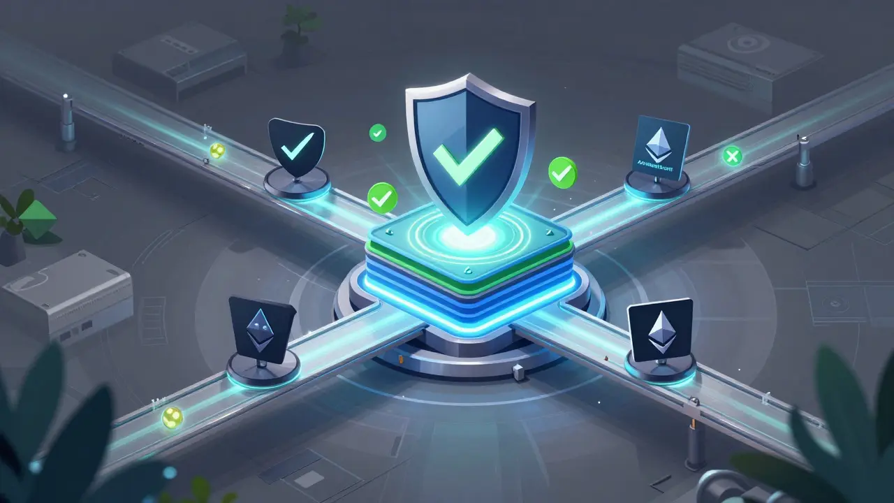 Kartonistische Darstellung von Cross-Chain-Sicherheit und Blockchain-Brücken