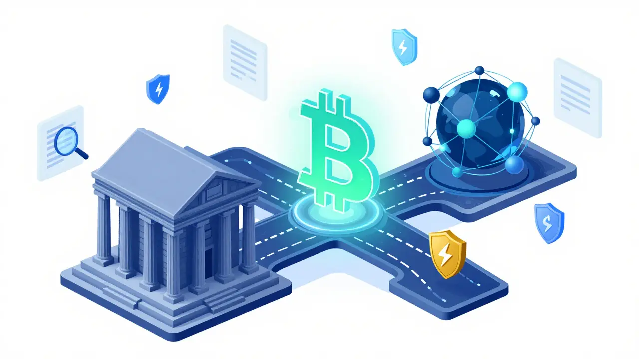 Schema: Krypto-Brücke zwischen traditioneller Bank und digitalem Netzwerk