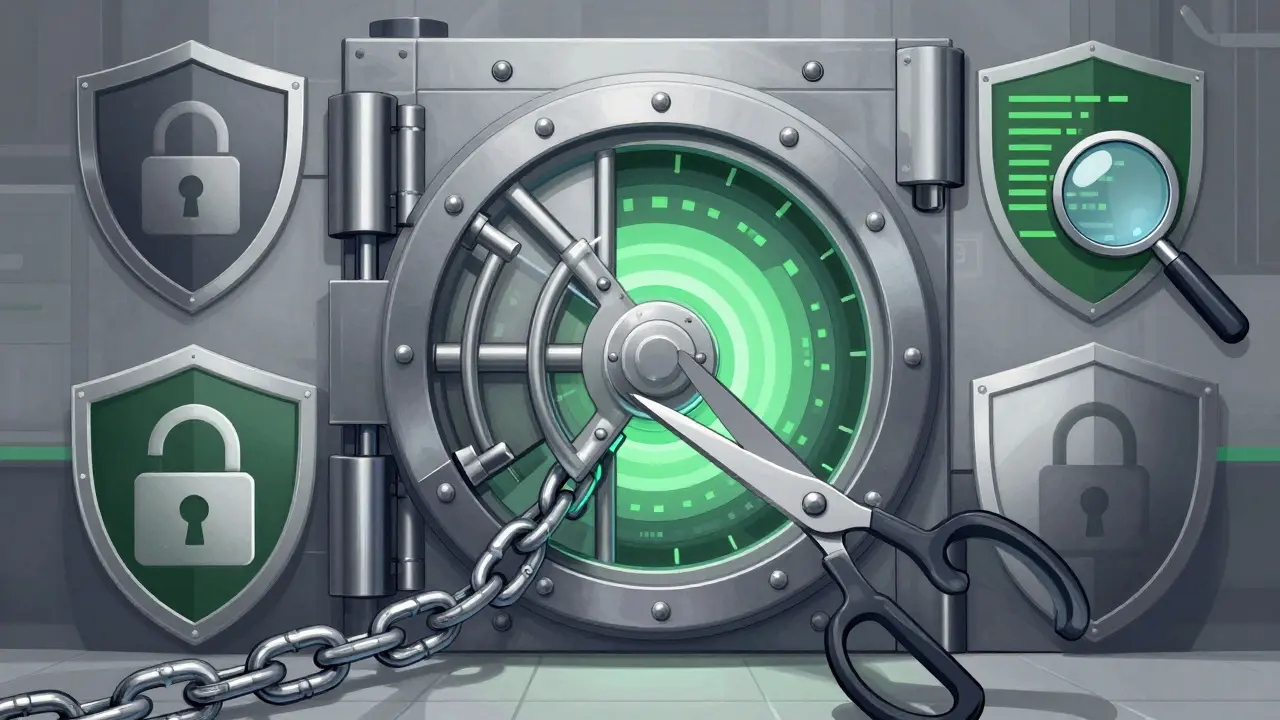 Sicherheitsillustration mit Tresor, Verschlüsselungsschildern und Phishing-Schutz