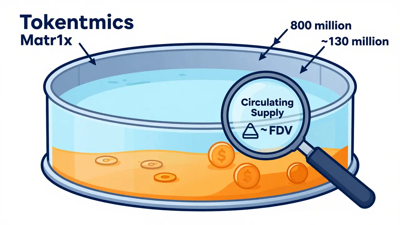 Technische Illustration der Tokenomics von Matr1x mit geringer Umlaufmenge