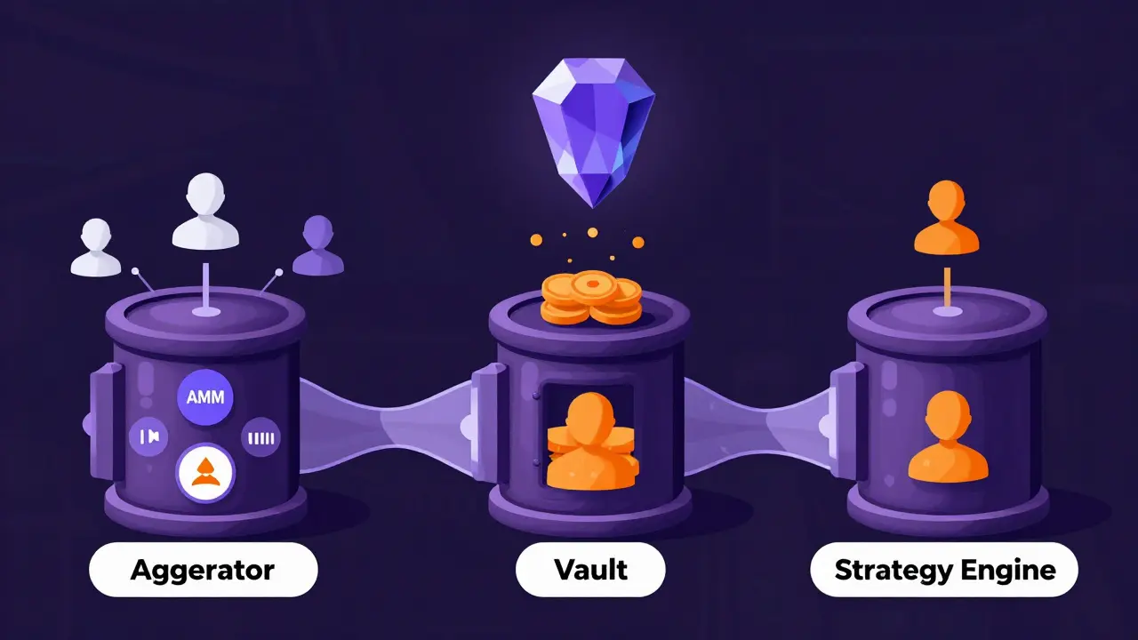 Technische Zeichnung des Gamma-Token-Ökosystems mit Tresoren und Belohnungen