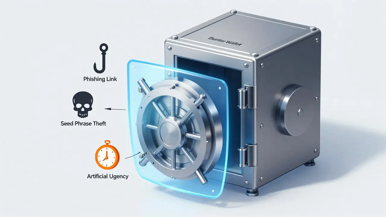 Technische Zeichnung einer separaten Burner-Wallet zum Schutz vor Phishing-Angriffen.