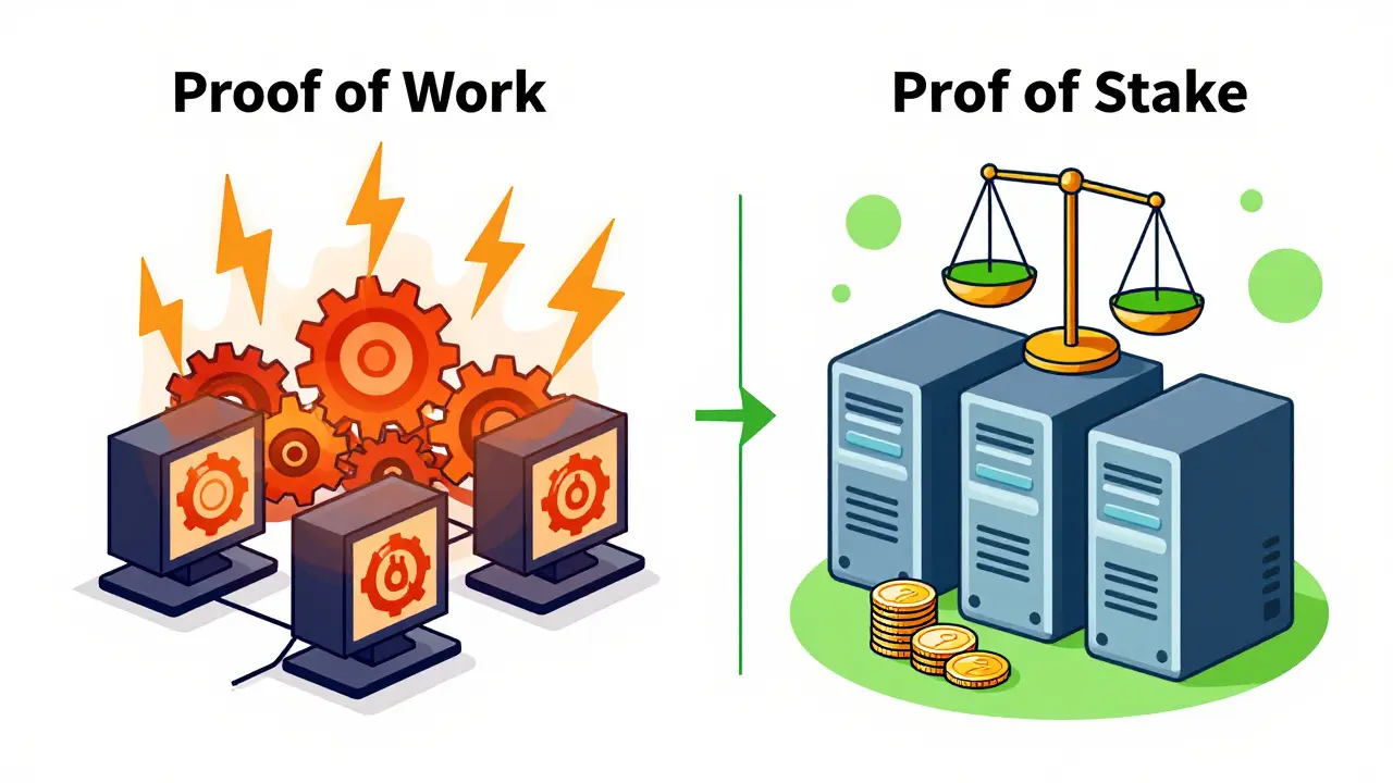 Vergleich von Proof of Work und Proof of Stake als technische Zeichnung
