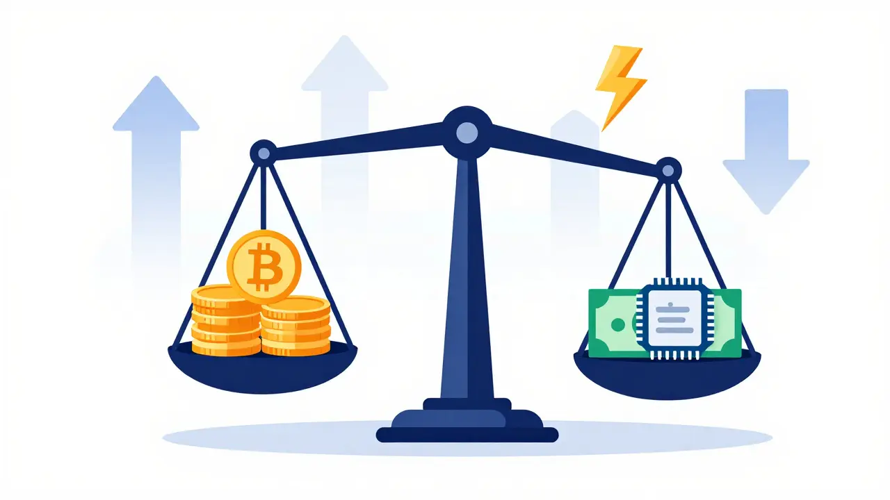 Waage mit Kryptomünzen und Stromkosten zur Darstellung der Mining-Profitabilität