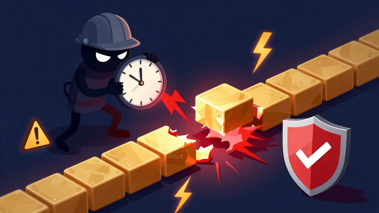 Illustration eines Zeitstempel-Manipulationsangriffs auf eine Blockchain-Kette mit Schutzschild