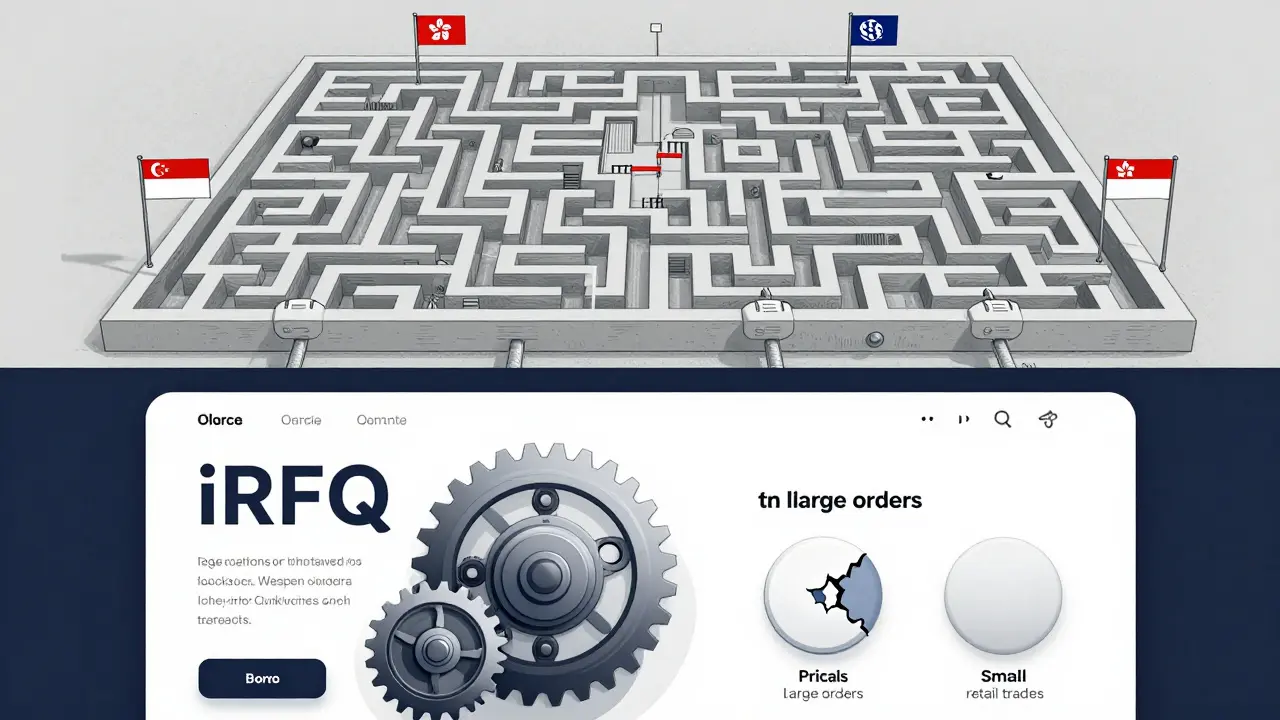 Illustration: Regulatorisches Labyrinth und komplexes iRFQ-Handelssystem für Institutionen