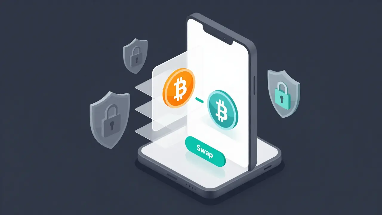 Isometrische Illustration eines mobilen Crypto-Swap-Interfaces
