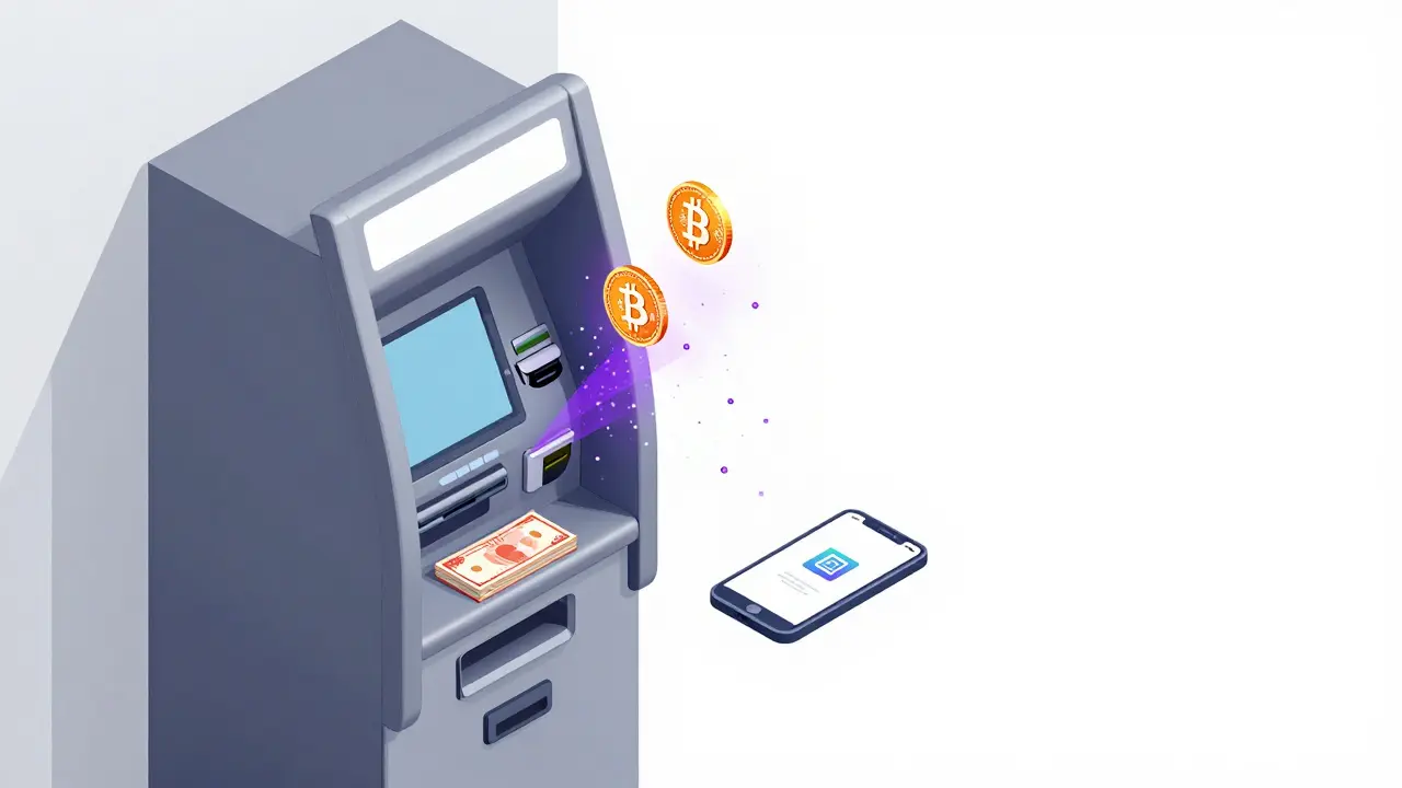 Isometrische Illustration: Krypto-ATM mit Bargeldauszahlung und QR-Code